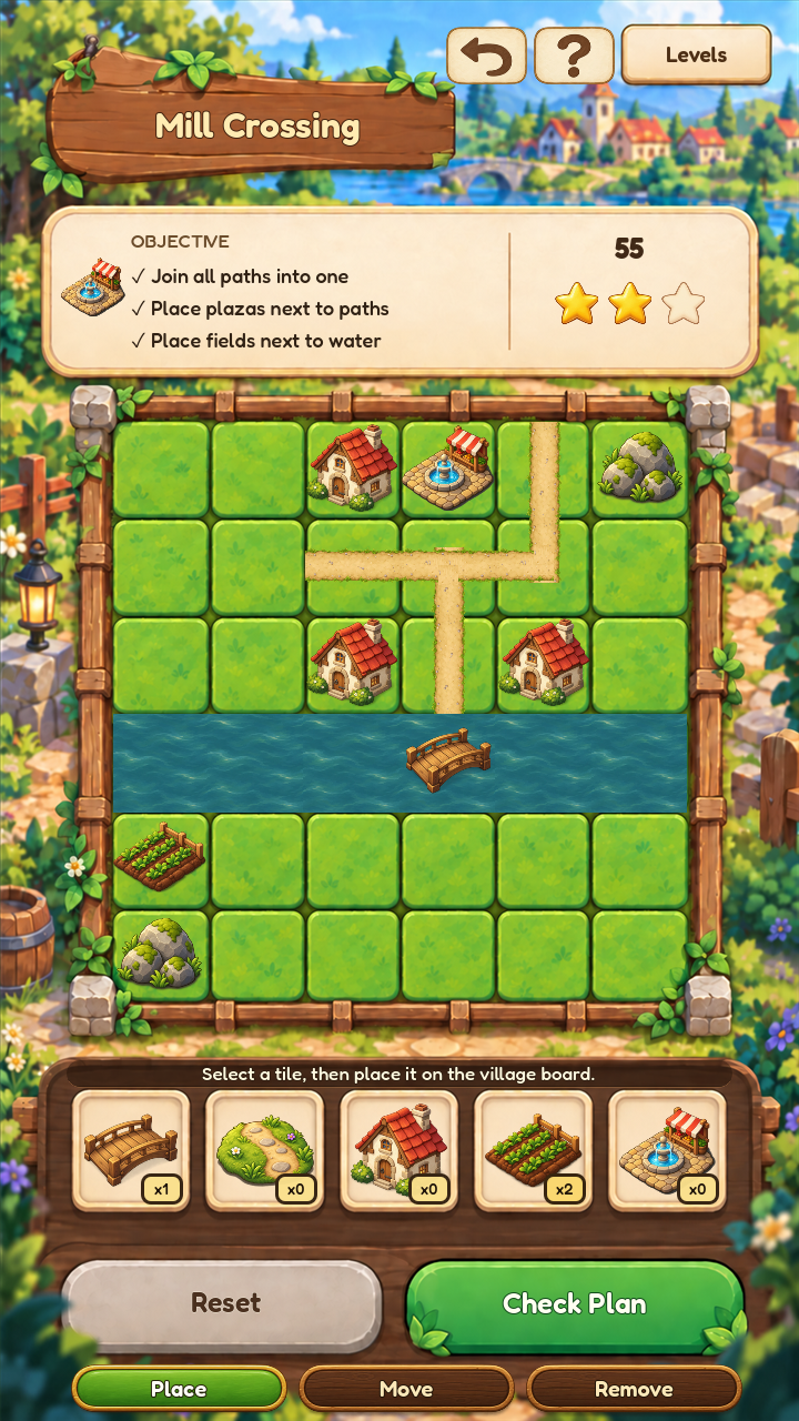Mill Crossing: een puzzelbord met huisjes, akkers en een brug over de rivier