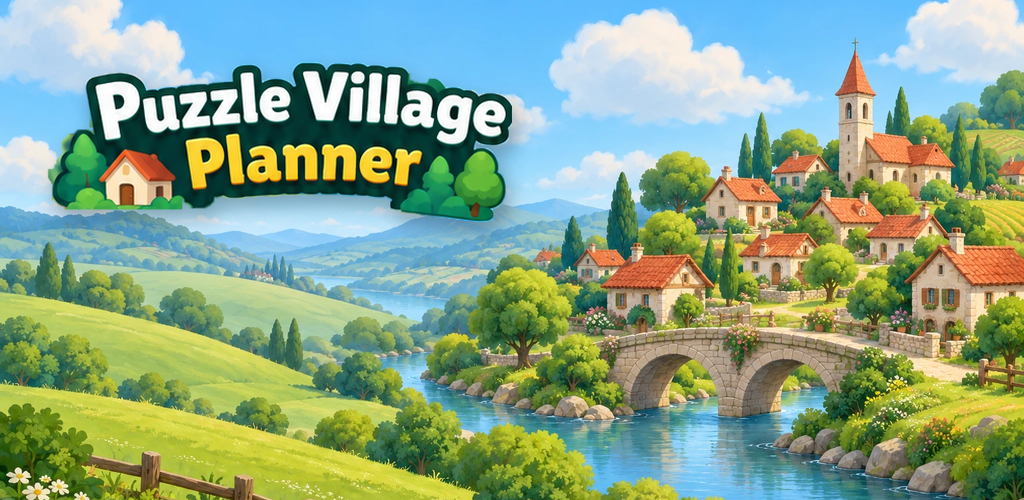 Puzzle Village Planner: een kleurrijk dorp met huisjes, een rivier en een stenen brug