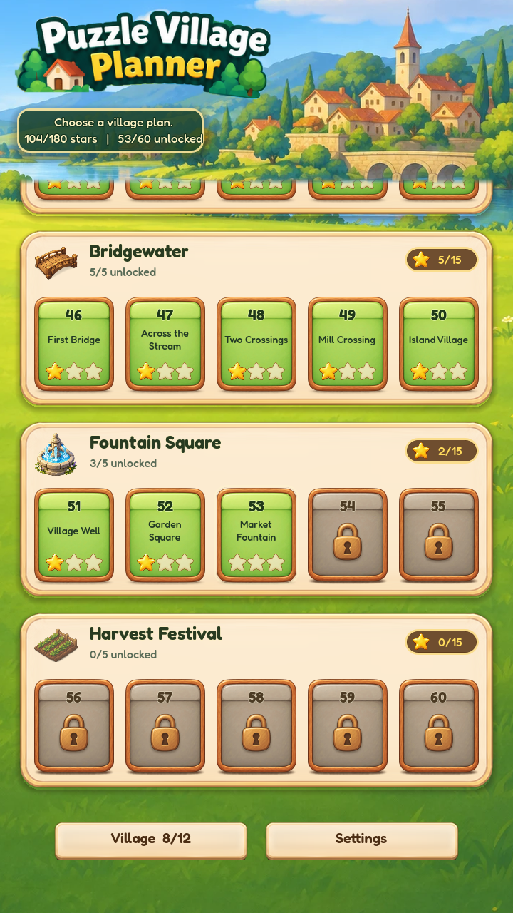 Levelselectie met de dorpspakketten Bridgewater, Fountain Square en Harvest Festival